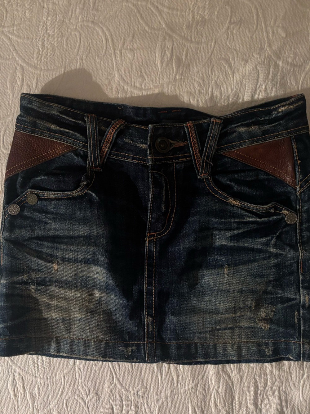 Lolita Dark Blue Denim Mini Skirt with Brown Trim
